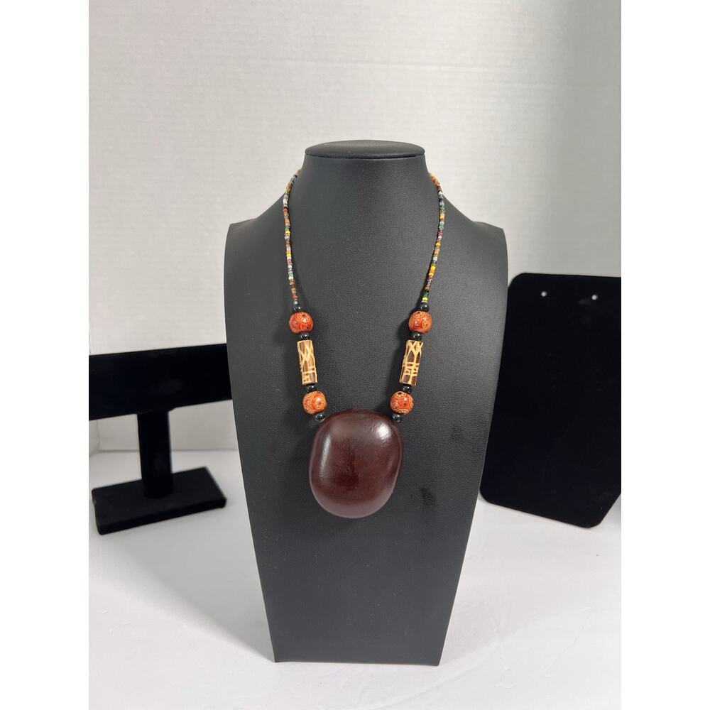 African Style Tribal Necklace Wood Painted Beads Boho Statement Handmade Look